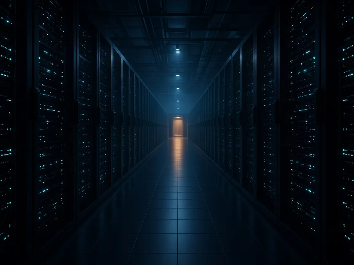 A long data centre aisle of server racks with small blue status lights