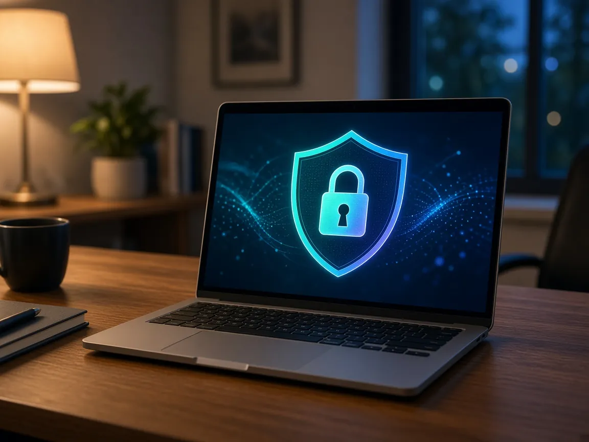 A laptop on a desk showing a shield and padlock security screen