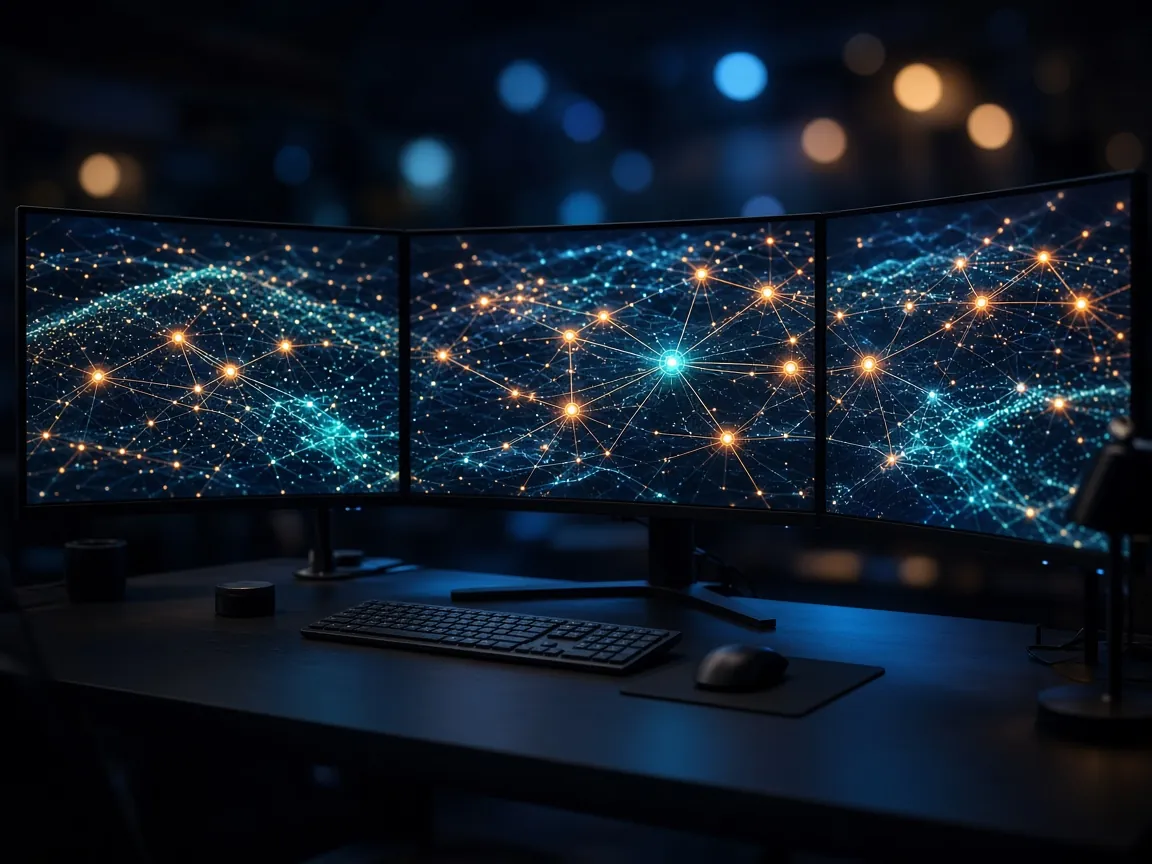 Three curved monitors displaying glowing network maps of connected nodes